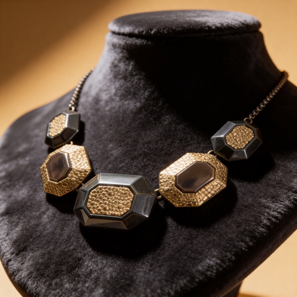 Black Octagon & Hammered Silver Necklace | Geometric Statement - Picture 5 of 8